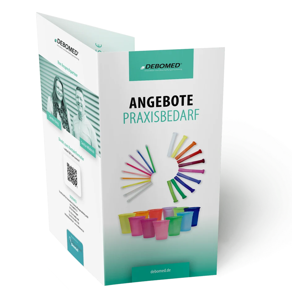 Debomed Flyer Praxisbeadrf mit Dentalprodukten und Angebotsübersicht